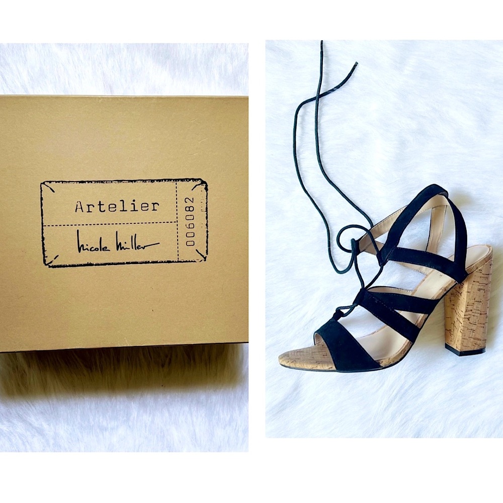 Nicole Miller Artelier Tate Women’s Strappy Block Cork Heels • Lace up • 9 | NEW